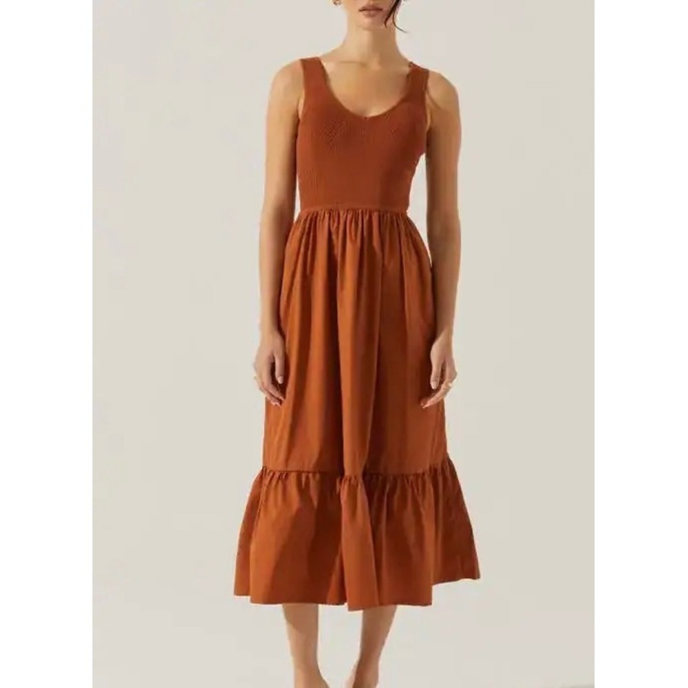 ASTR The Label Midi Dress Mixed Media Fit & Flare Sleeveless Poplin Brown Small - Picture 2 of 12